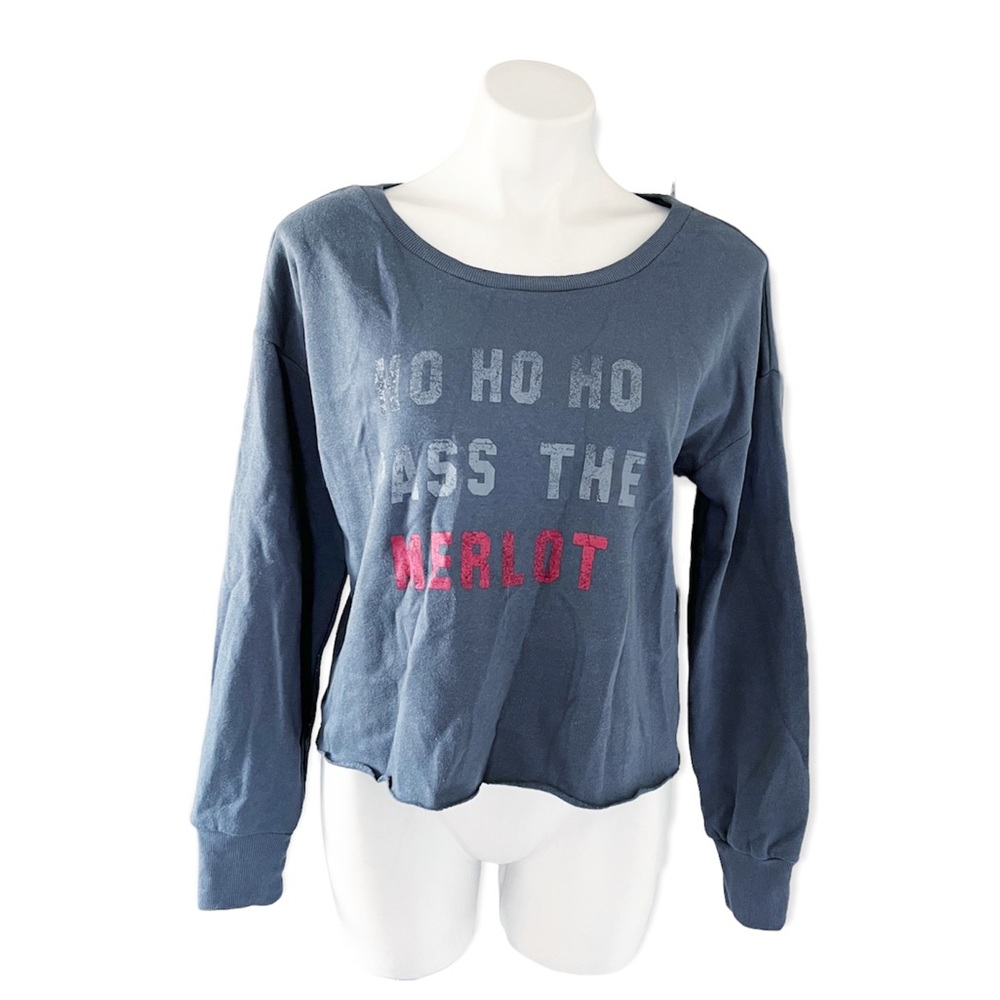 Grayson/Thread Sweatshirt “HO HO HO PASS THE MERLOT” Cropped Top Dark Grey NWT